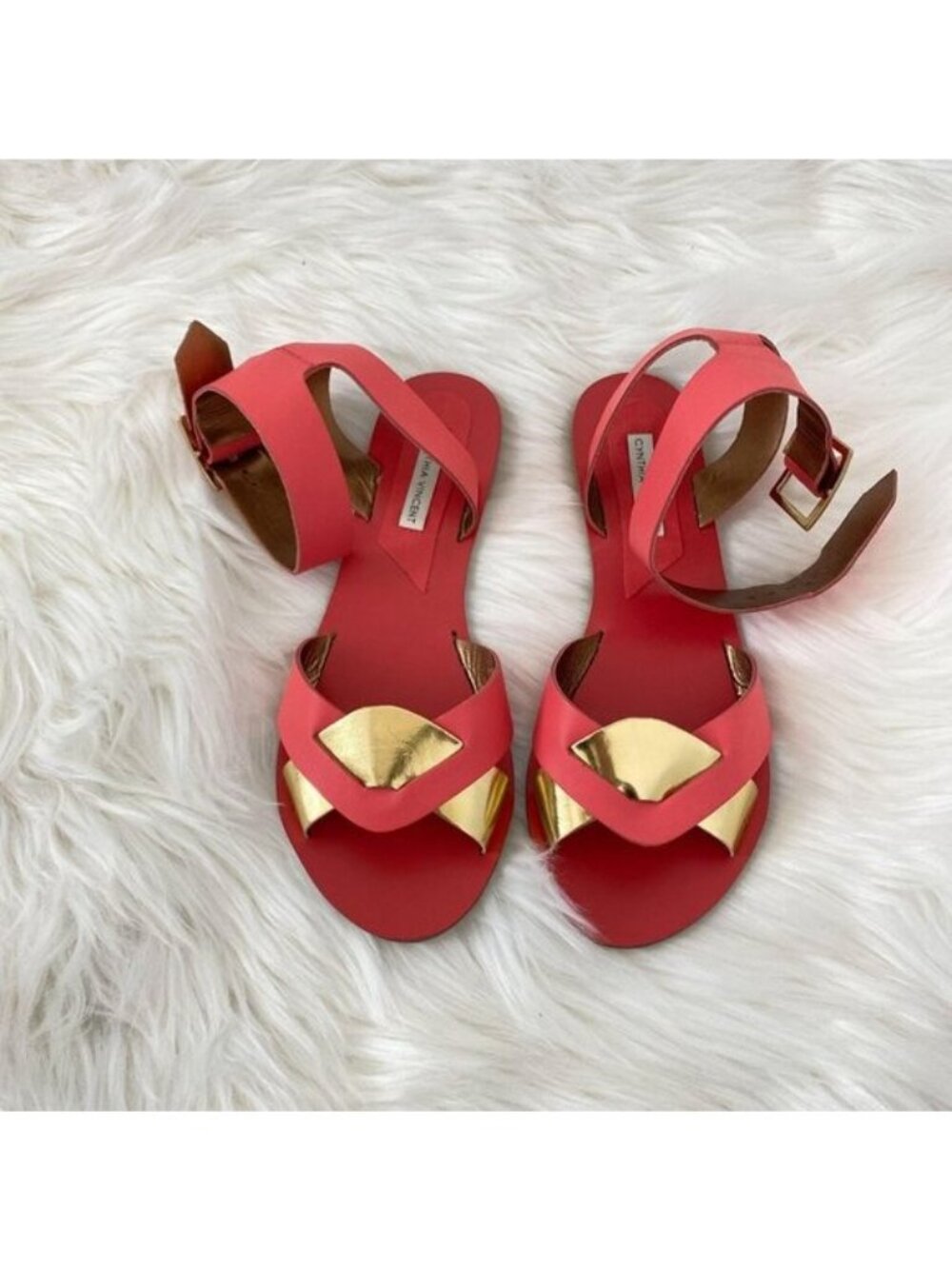 Cynthia Vincent Coral & Gold Flat Sandals With Ankle Straps